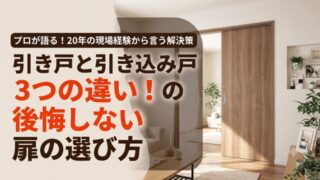 明るく開放的なリビングに設置された木目調の引き戸の施工写真。左側には「プロが語る!20年の現場経験から言う解決策」「引き戸と引き込み戸の3つの違い!の後悔しない扉の選び方」という文字が、視認性の高い座布団(シェイプ)の上に配置されている。