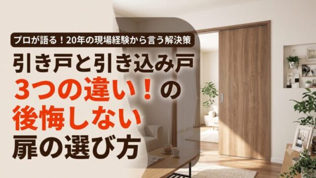 明るく開放的なリビングに設置された木目調の引き戸の施工写真。左側には「プロが語る!20年の現場経験から言う解決策」「引き戸と引き込み戸の3つの違い!の後悔しない扉の選び方」という文字が、視認性の高い座布団(シェイプ)の上に配置されている。