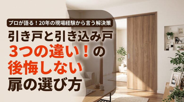 明るく開放的なリビングに設置された木目調の引き戸の施工写真。左側には「プロが語る！20年の現場経験から言う解決策」「引き戸と引き込み戸の3つの違い！の後悔しない扉の選び方」という文字が、視認性の高い座布団（シェイプ）の上に配置されている。
