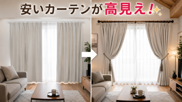 安いカーテンを装飾レールとタッセルで高見えさせるビフォーアフター