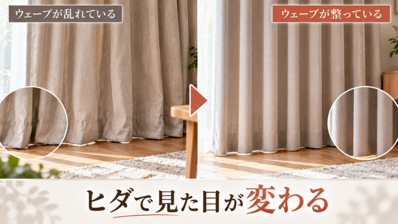 カーテンのウェーブが乱れた状態と整った状態の比較