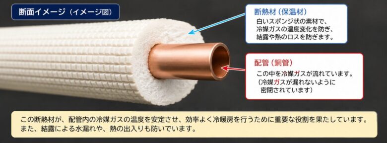 エアコンの冷媒配管(銅管)に巻かれた白い断熱材(保温材)の断面イメージ。断熱材が冷媒ガスの温度変化や結露を防ぐ仕組みを説明した図解。