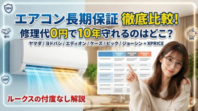 「エアコン長期保証6社を比較する2026年最新ガイドのアイキャッチ画像。エアコンのイラストと、保証期間や修理代0円のメリットを強調したデザイン。」