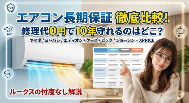 「エアコン長期保証6社を比較する2026年最新ガイドのアイキャッチ画像。エアコンのイラストと、保証期間や修理代0円のメリットを強調したデザイン。」
