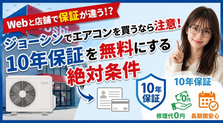 ジョーシンのエアコン10年長期保証を無料にするための条件を解説したアイキャッチ画像。エアコン室外機のイラストと、「Webと店舗で保証が違う!?」「絶対条件」というテキスト、案内する女性が描かれています。