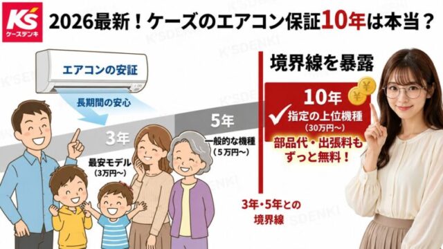 ケーズデンキのエアコン10年延長保証のメリットを解説するアイキャッチ画像。幸せそうな家族のイラストと、「2026最新！ケーズのエアコン保証10年は最強？」「業界最強を確認」というテキスト、案内する女性が描かれています。