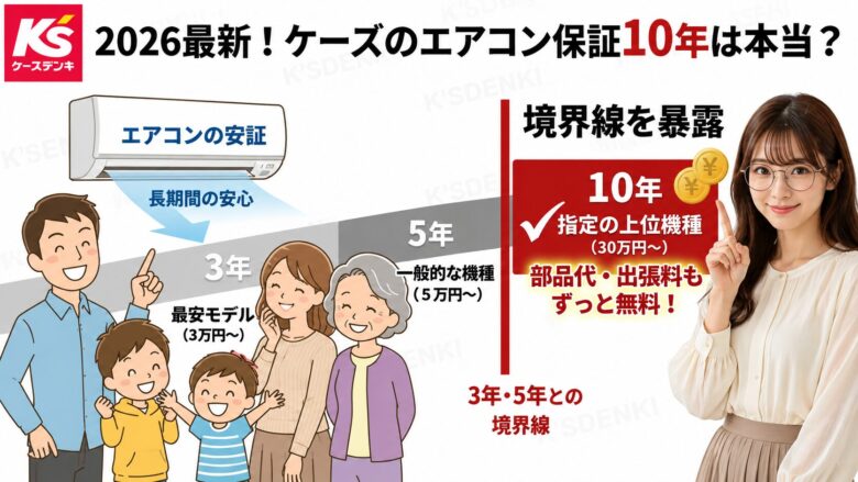 ケーズデンキのエアコン10年延長保証のメリットを解説するアイキャッチ画像。幸せそうな家族のイラストと、「2026最新！ケーズのエアコン保証10年は最強？」「業界最強を確認」というテキスト、案内する女性が描かれています。