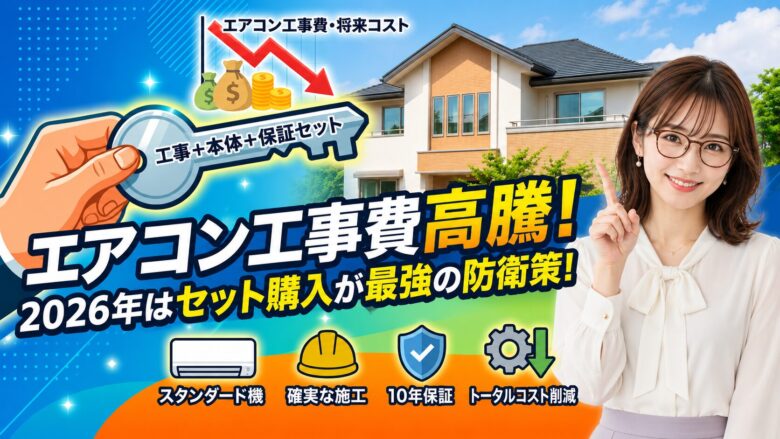 エアコン工事費の高騰と対策を解説したアイキャッチ画像。一軒家の背景に「エアコン工事費高騰!」「2026年はセット購入が最強の防衛策」というテキストと、驚く女性のイラストが描かれています。