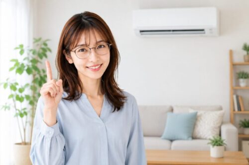 カメラ目線でニッコリと微笑みながら、片手の人差し指をキリッと上に立てて「注目！」とポイントを教えてくれているポーズ