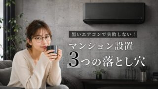 コンクリート調の壁にスタイリッシュな黒いエアコンが設置されたモダンな部屋で、コーヒーカップを持って微笑むメガネの女性のブログアイキャッチ画像