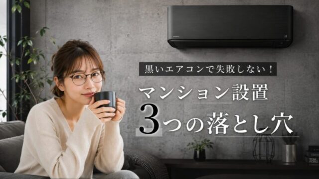 コンクリート調の壁にスタイリッシュな黒いエアコンが設置されたモダンな部屋で、コーヒーカップを持って微笑むメガネの女性のブログアイキャッチ画像