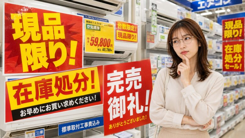 家電量販店やネットショップのエアコン売り場で、「現品限り」「在庫処分」「完売御礼」といった赤や黄色のポップが大きく出ている前で女性が考えてる画像。