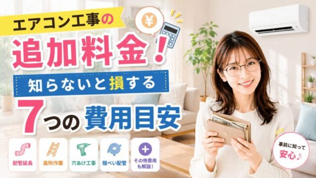エアコン工事の追加料金について解説するアイキャッチ画像。財布を持って安心した表情の女性と、新築リビングに設置されたエアコンが描かれている。