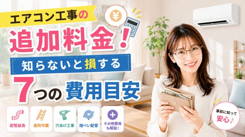 エアコン工事の追加料金について解説するアイキャッチ画像。財布を持って安心した表情の女性と、新築リビングに設置されたエアコンが描かれている。