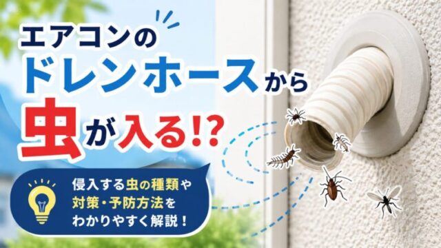 エアコンのドレンホースから虫が侵入するイメージと、防虫対策を解説するアイキャッチ画像