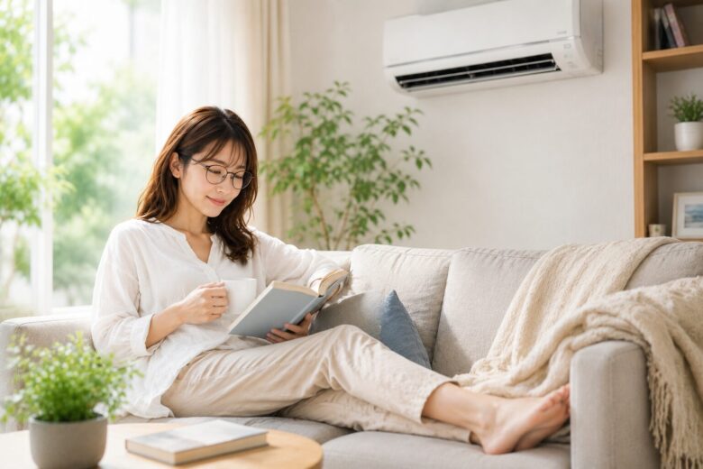 最新エアコンのある快適なリビングで、ソファに座りながら読書を楽しむ女性