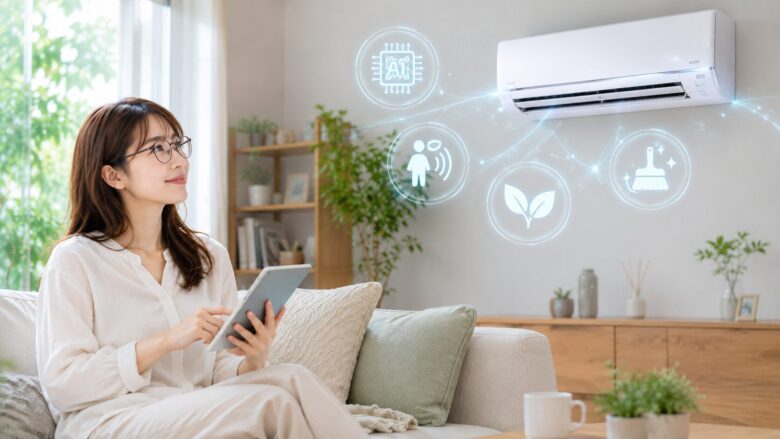 AIセンサーや自動お掃除機能を搭載した最新省エネエアコンを見ながら、快適なリビングで過ごす女性