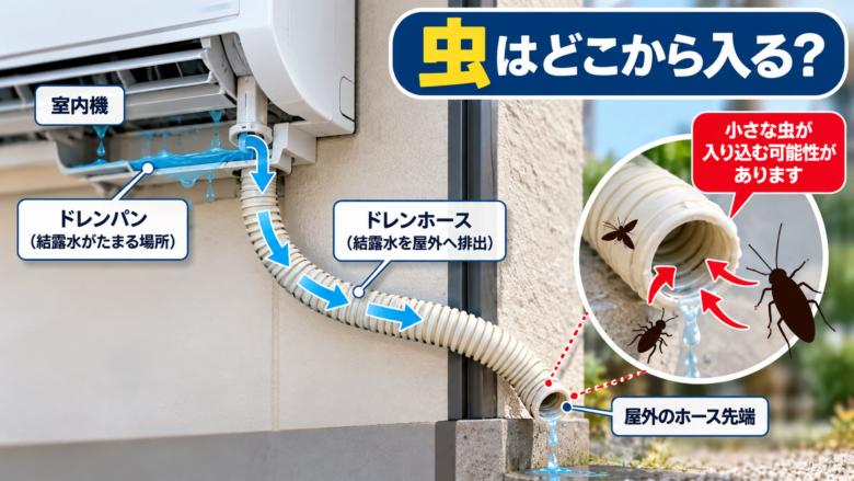 エアコンのドレンホースから虫が侵入する経路