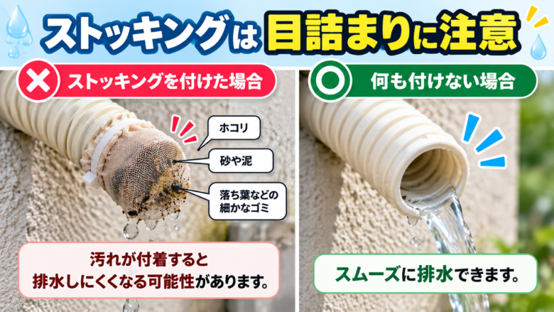 ドレンホースにストッキングを付けて目詰まりするイメージ