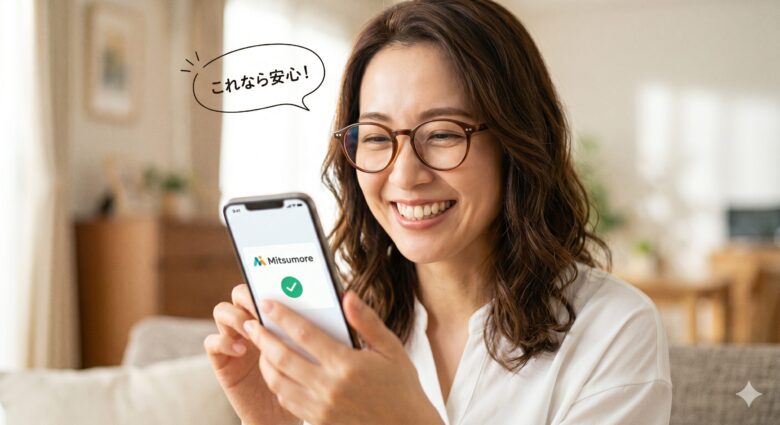 女性が、スマホを手に「これなら安心！」と明るく微笑んでいるカット。