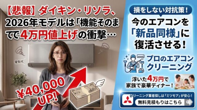 ダイキンのエアコン「リソラ」2026年モデルが機能そのままで4万円値上げされるニュースに対し、買い替えではなくミツモアでのエアコンクリーニングを推奨する比較画像