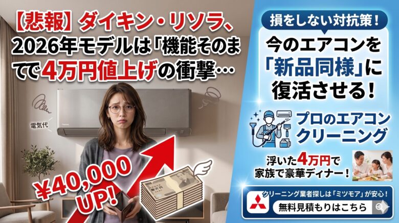 ダイキンのエアコン「リソラ」2026年モデルが機能そのままで4万円値上げされるニュースに対し、買い替えではなくミツモアでのエアコンクリーニングを推奨する比較画像