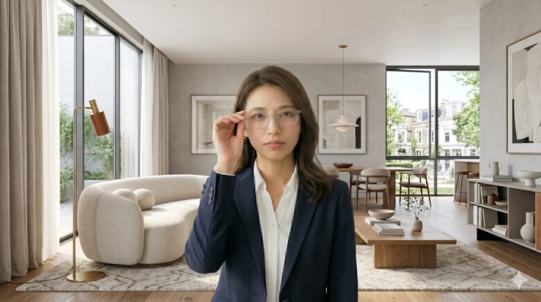 女性がメガネに手を添えて、真剣な表情でアドバイスしている姿。