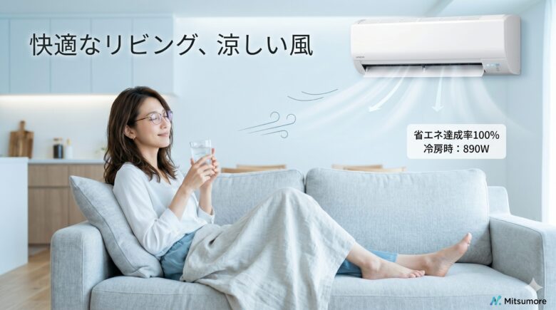 明るいリビングのソファでリラックスしながら涼む眼鏡をかけた女性と、心地よい風を送る最新の壁掛けエアコン。