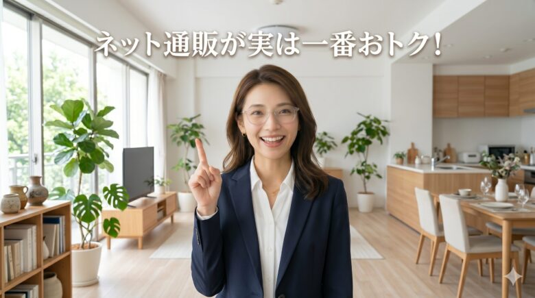 女性が明るい笑顔で、指を一本立てて「ネット通販が実は一番おトク!」と解説している姿。