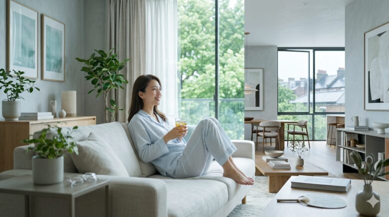 涼しげな部屋で、女性が満足そうに微笑みながらくつろいでる姿。