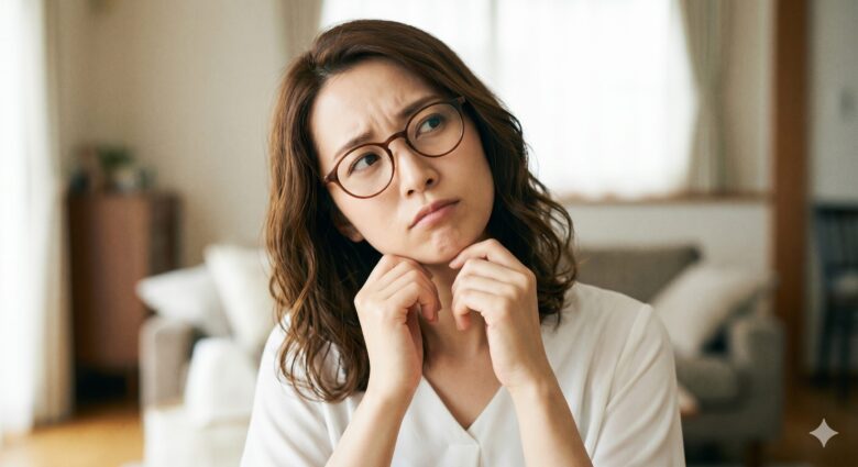 女性が、少し首をかしげて「どれがいいのかな？」と悩んでいる表情のバストアップ。