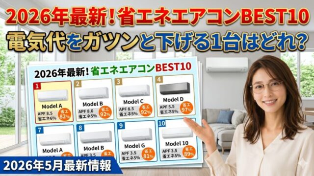 2026年最新の省エネエアコンランキングTOP10を紹介する女性アシスタントのイラスト。リビングに設置された最新エアコンと電気代節約のイメージ。