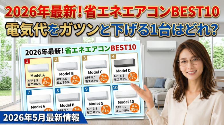 2026年最新の省エネエアコンランキングTOP10を紹介する女性アシスタントのイラスト。リビングに設置された最新エアコンと電気代節約のイメージ。