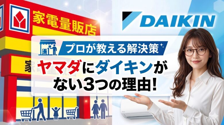 「ヤマダにダイキンがない3つの理由！」というタイトルのアイキャッチ画像。家電量販店の外観とダイキンのロゴを背景に、メガネをかけた女性が内容を案内するしぐさをしています。