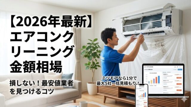 2026年最新のエアコンクリーニング金額相場を解説するブログ用アイキャッチ画像。エアコンを掃除するプロの作業員と、ミツモアの見積もり画面のイメージ。