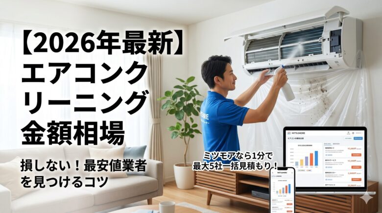 2026年最新のエアコンクリーニング金額相場を解説するブログ用アイキャッチ画像。エアコンを掃除するプロの作業員と、ミツモアの見積もり画面のイメージ。