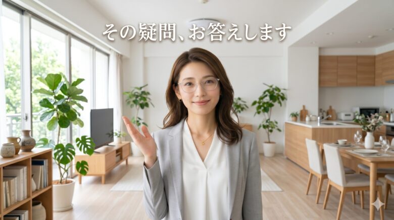 女性が、優しく微笑みながら「その疑問、お答えします」というメッセージを伝えている姿。