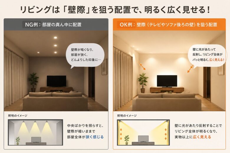 リビングのダウンライト配置を比較した図。左は部屋中央に配置して壁際が暗くなり、部屋が狭く見えるNG例。右はテレビ背面の壁を照らす配置で、光の反射によりリビング全体が明るく広く見えるOK例を解説している。