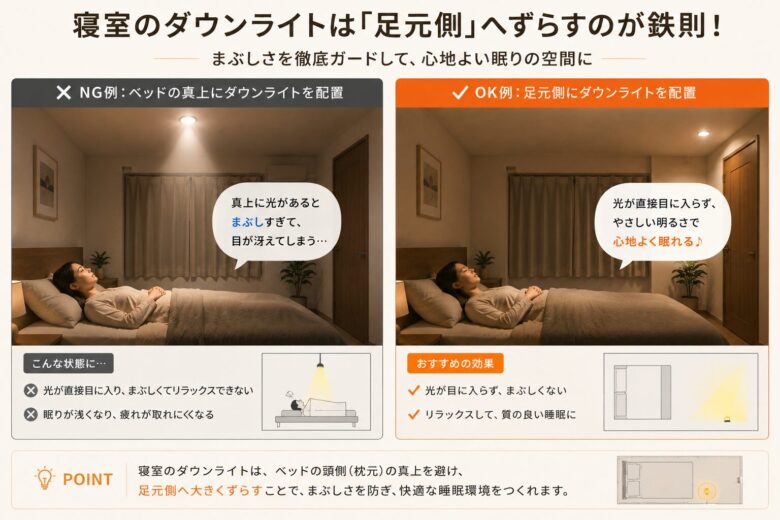 寝室のダウンライト配置で後悔しないための比較図。ベッドの頭上に設置するNG例と、足元側へずらしてまぶしさを防ぐおすすめ配置を解説。
