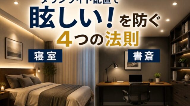 ダウンライト配置で眩しい失敗を防ぐ方法を紹介。寝室と書斎の正しいダウンライト配置を比較したイメージ画像