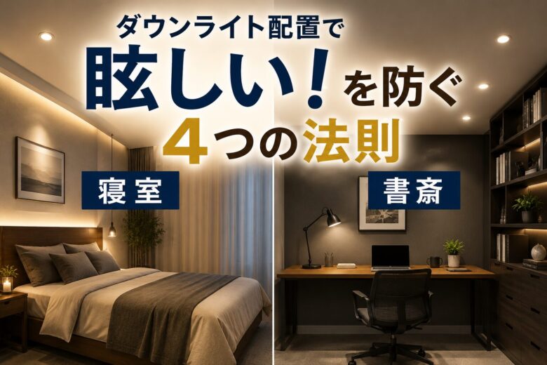 ダウンライト配置で眩しい失敗を防ぐ方法を紹介。寝室と書斎の正しいダウンライト配置を比較したイメージ画像