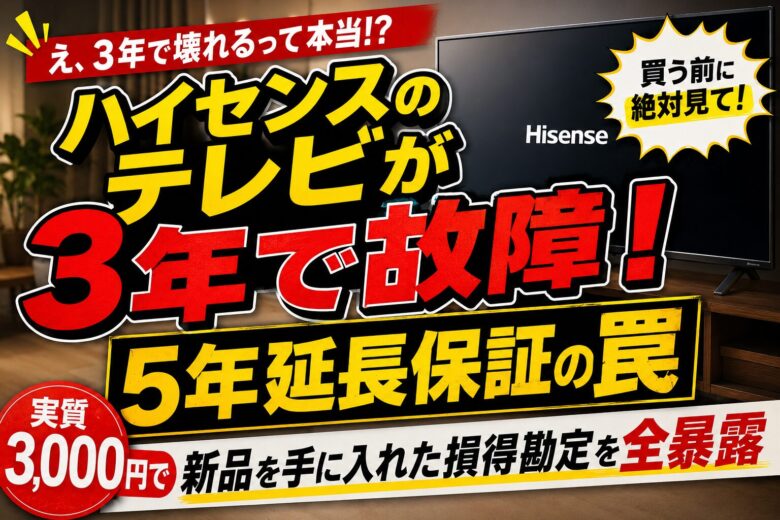 ハイセンステレビが3年で故障し、5年延長保証の仕組みや実質3,000円で新品交換できた体験を解説するアイキャッチ画像