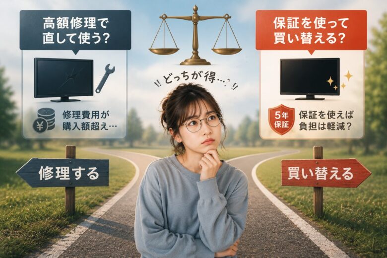修理か買い替えかで悩みながら、テレビの故障後の選択肢を比較検討する女性