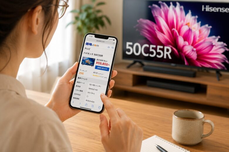 スマートフォンでテレビの価格やスペックを調べながら購入機種を比較する女性