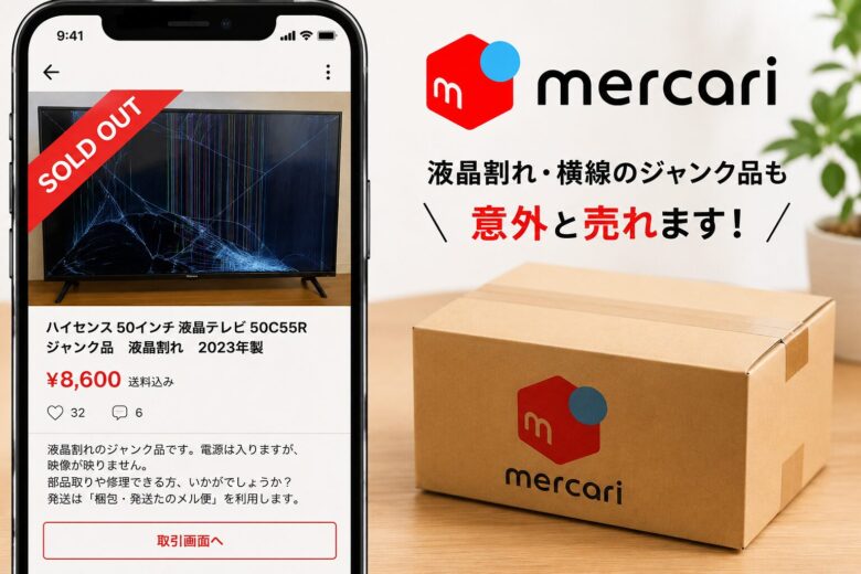 液晶割れのハイセンステレビをメルカリで出品し、ジャンク品として売却できたことを表現した画像