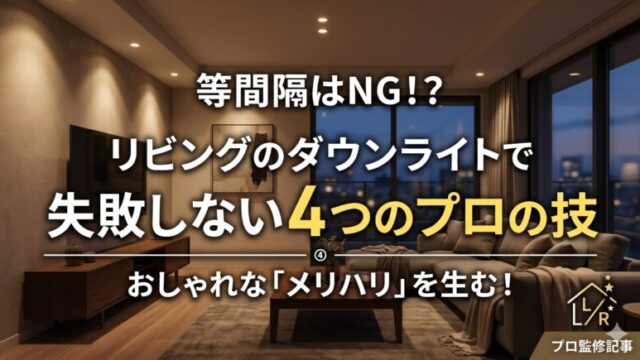 等間隔NGの理由とメリハリのあるダウンライトの間隔・配置を解説したリビング照明のイメージ画像