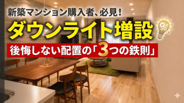 新築マンション購入者必見のアイキャッチ。木目調のリビングダイニングと、黄色い大きな文字で「ダウンライト増設」、赤いバナーで「後悔しない配置の3つの鉄則」と書かれた画像。