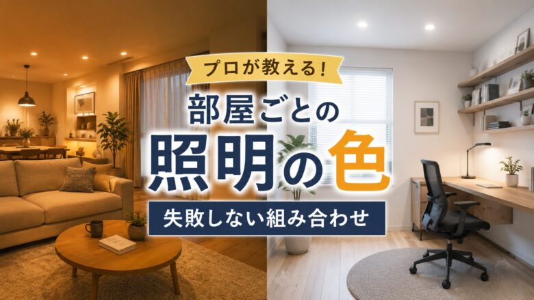 電球色のリビングと昼白色の書斎を比較しながら、部屋ごとの照明の色の選び方を紹介するアイキャッチ画像