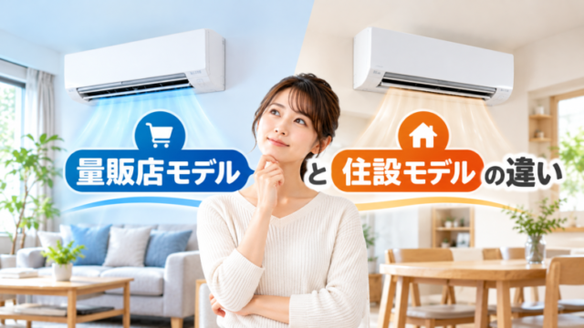 量販店モデルと住宅設備モデルのエアコンの違いを比較するイメージ