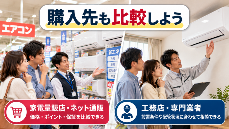 エアコンの購入先となる家電量販店と住宅設備専門業者の比較イメージ